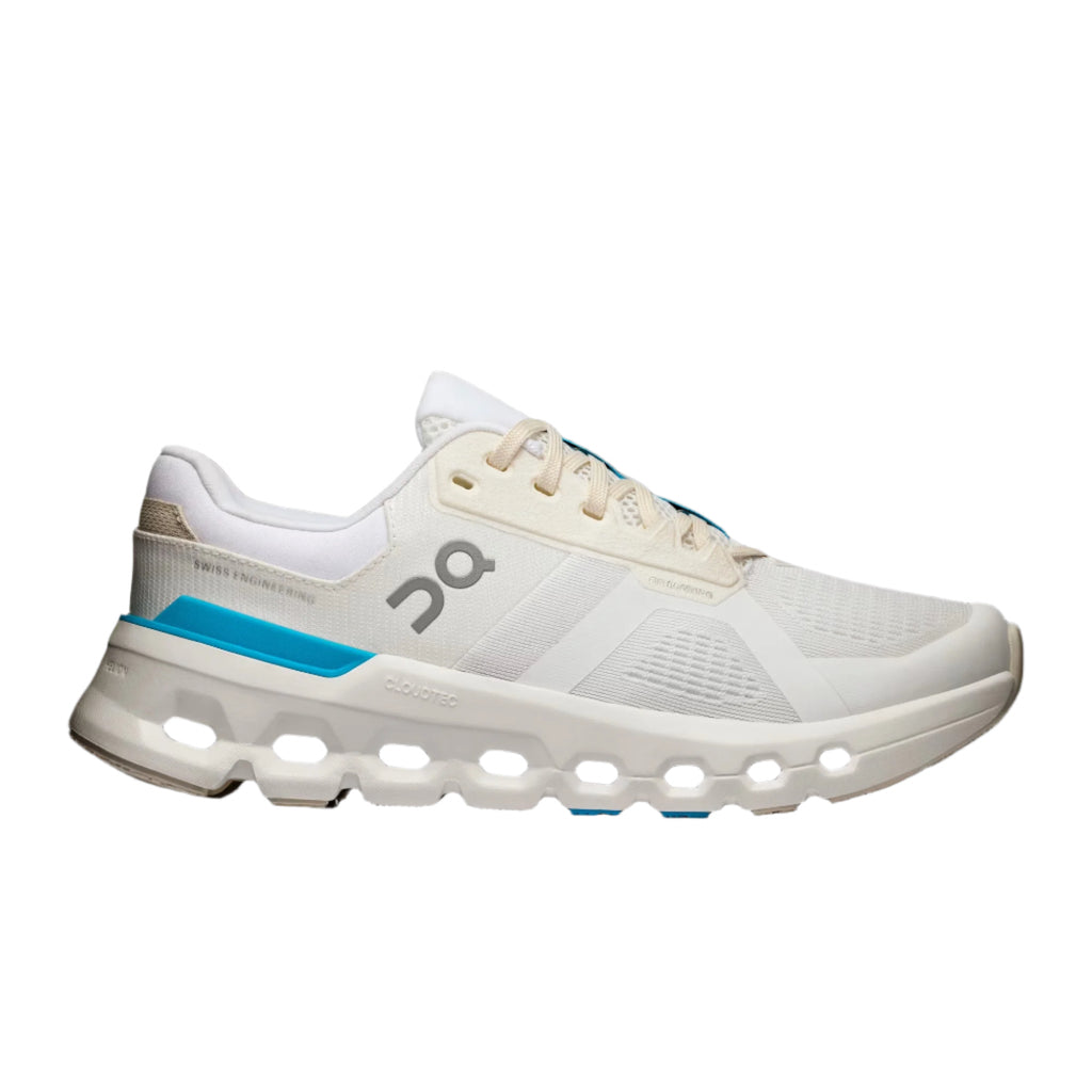 Women's On Cloudrunner 2. White upper. White midsole. Lateral view.