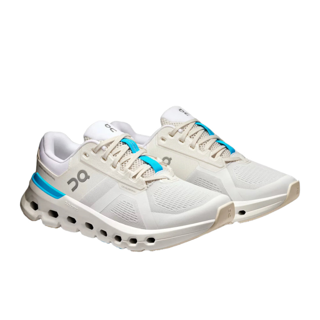 Women's On Cloudrunner 2. White upper. White midsole. Lateral view.