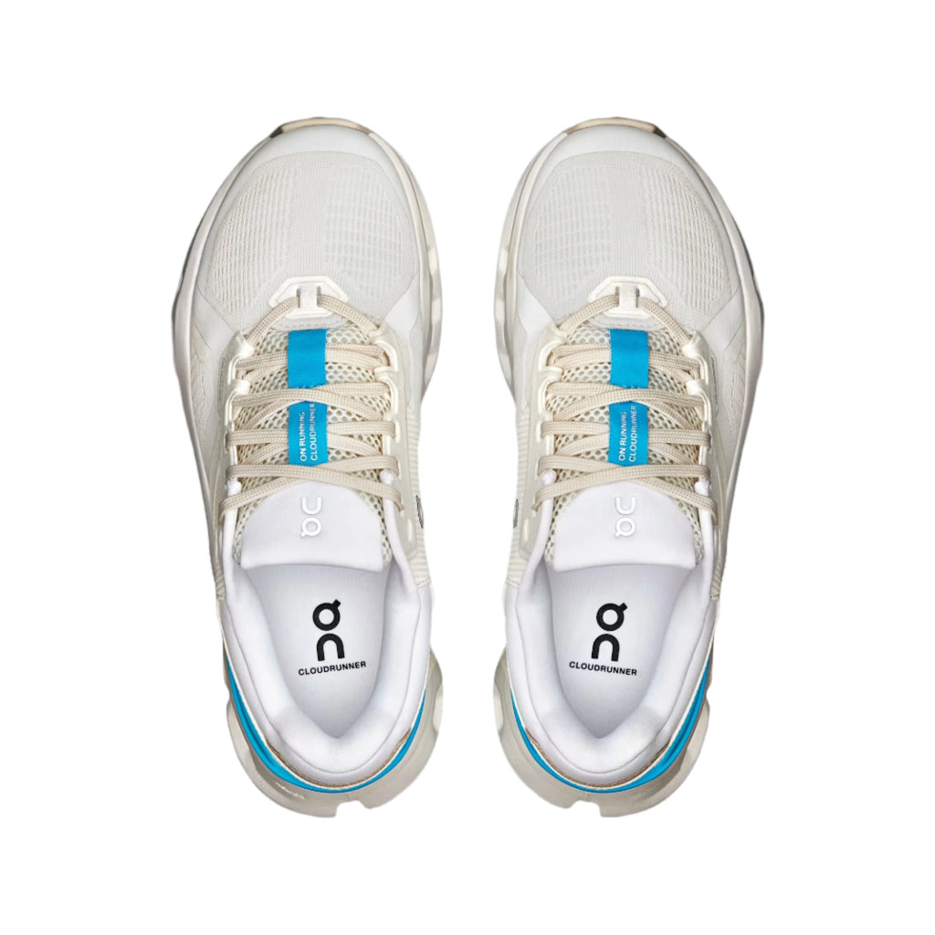 Women's On Cloudrunner 2. White upper. White midsole. Top view.