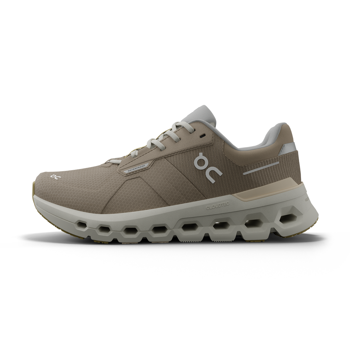 Women's On Cloudrunner 2 WP. Tan upper. Light Grey midsole. Medial view.