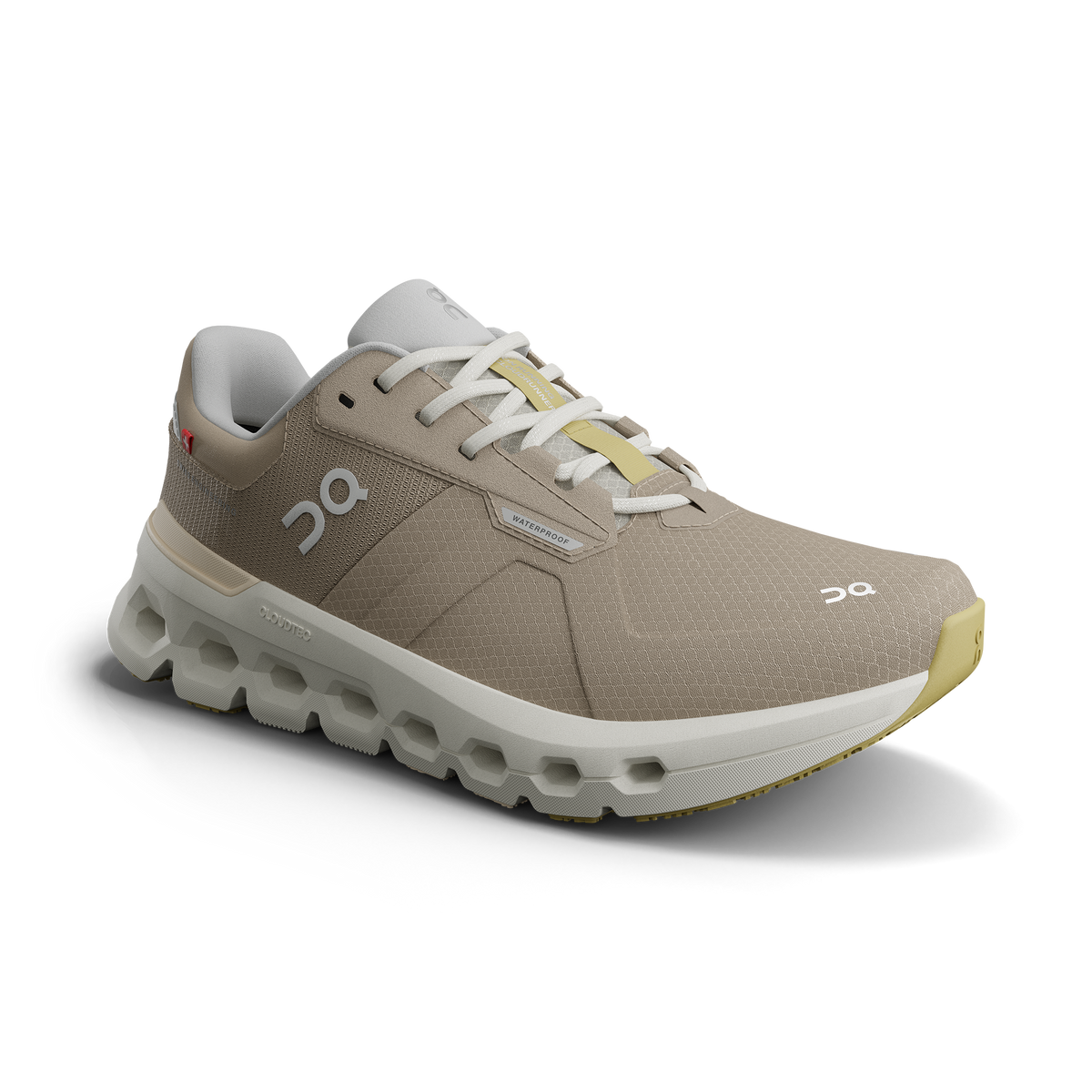 Women's On Cloudrunner 2 WP. Tan upper. Light Grey midsole. Lateral view.