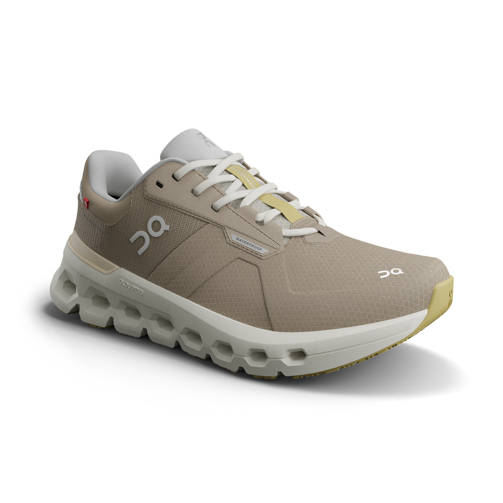 Women's On Cloudrunner 2 WP. Tan upper. Light Grey midsole. Lateral view.