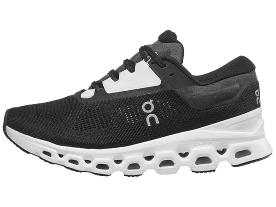 Women's On Cloudstratus 3. Black upper. White midsole. Lateral view.