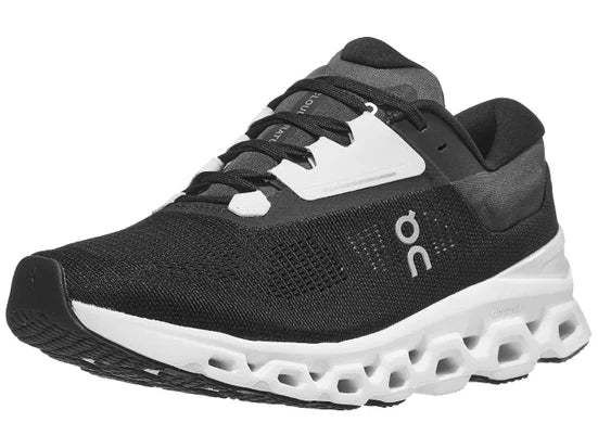 Women's On Cloudstratus 3. Black upper. White midsole. Lateral view.