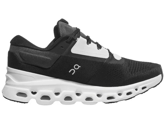 Women's On Cloudstratus 3. Black upper. White midsole. Medial view.