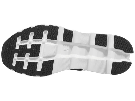 Women's On Cloudstratus 3. Black upper. White midsole. Bottom view.