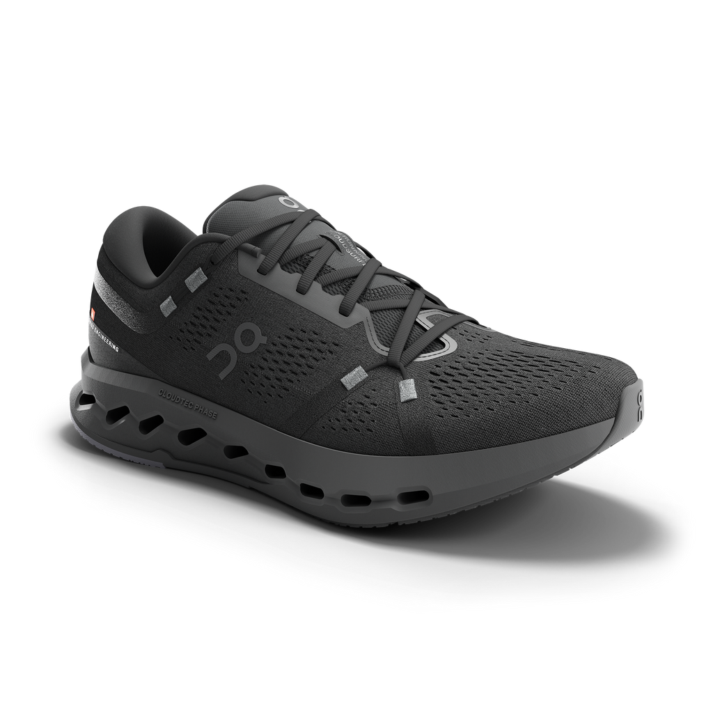 Women's On Cloudsurfer 2. Black upper. Black midsole. Lateral view.