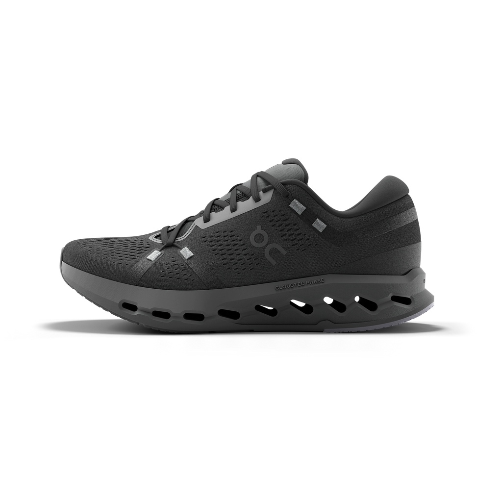 Women's On Cloudsurfer 2. Black upper. Black midsole. Medial view.