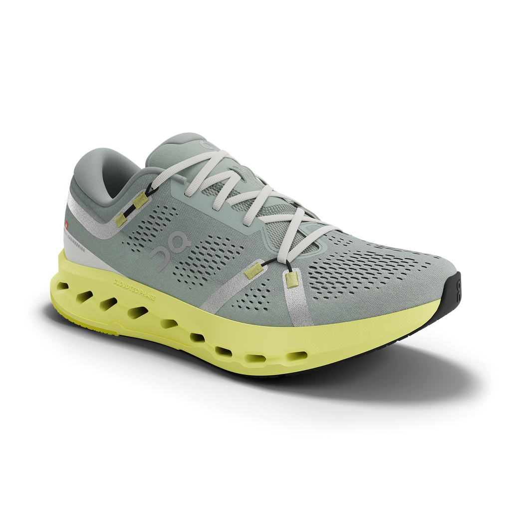 Women's On Cloudsurfer 2. Grey upper. Yellow midsole. Lateral view.