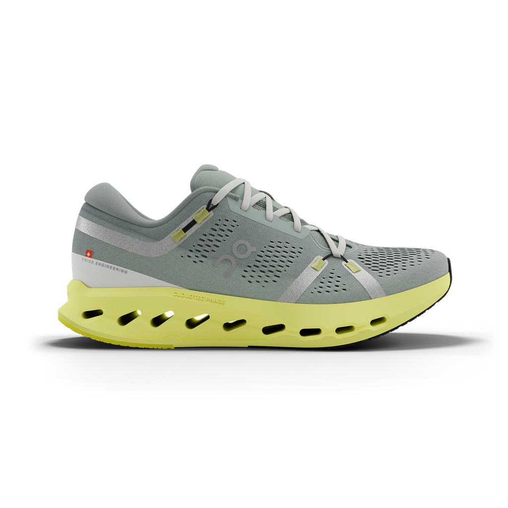 Women's On Cloudsurfer 2. Grey upper. Yellow midsole. Lateral view.