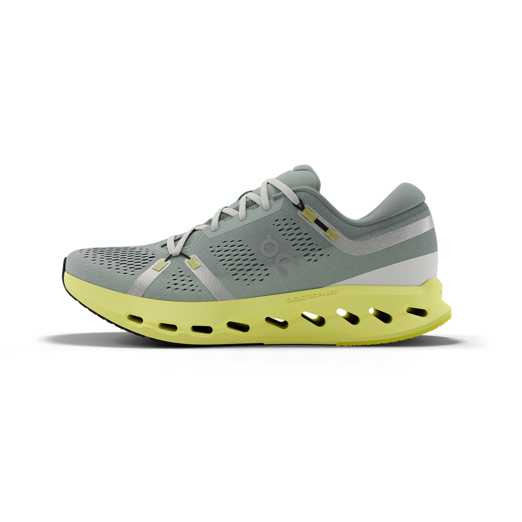 Women's On Cloudsurfer 2. Grey upper. Yellow midsole. Medial view.