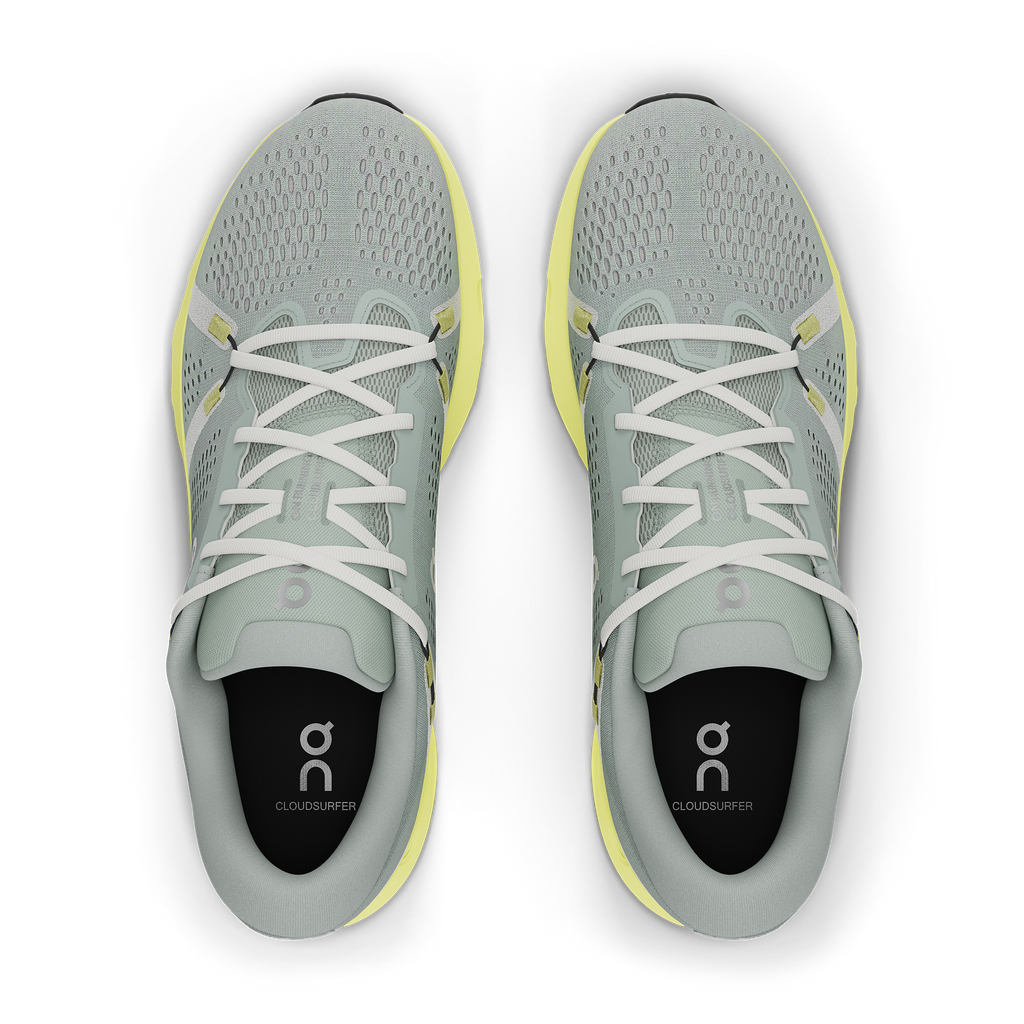Women's On Cloudsurfer 2. Grey upper. Yellow midsole. Top view.