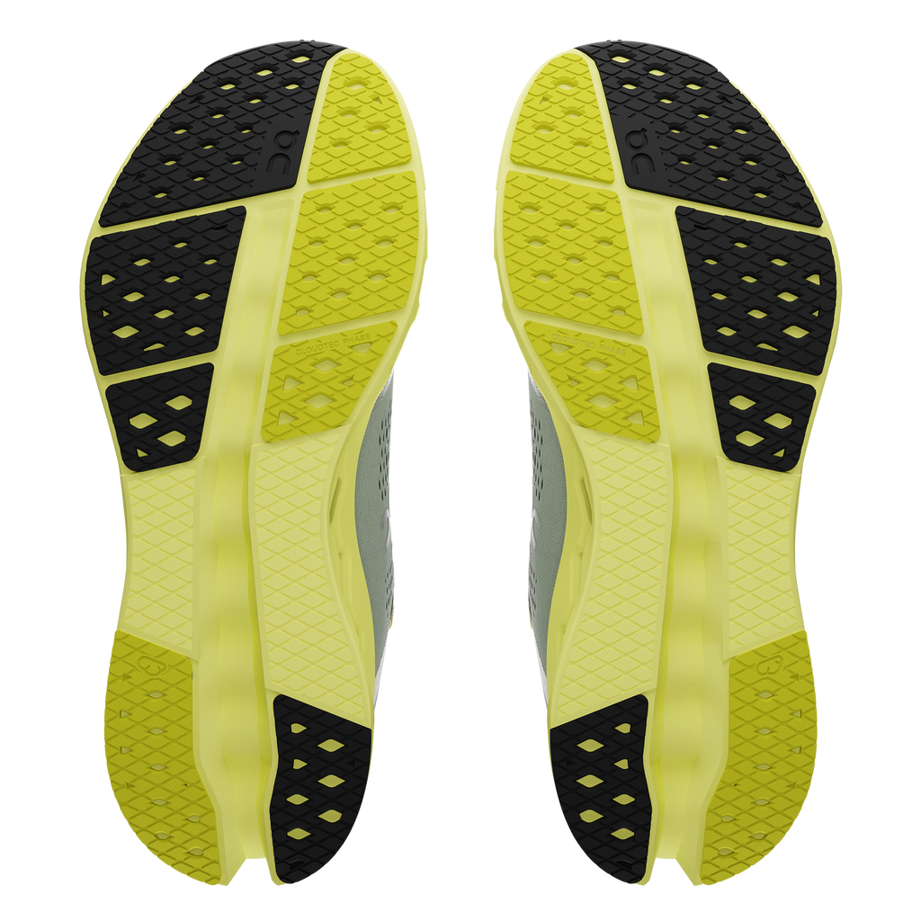 Women's On Cloudsurfer 2. Grey upper. Yellow midsole. Bottom view.