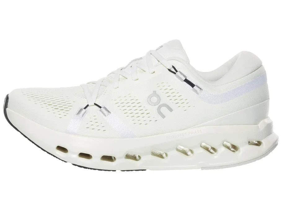 Women's On Cloudsurfer 2. White upper. White midsole. Lateral view.