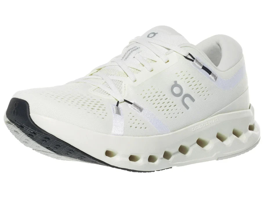 Women's On Cloudsurfer 2. White upper. White midsole. Lateral view.