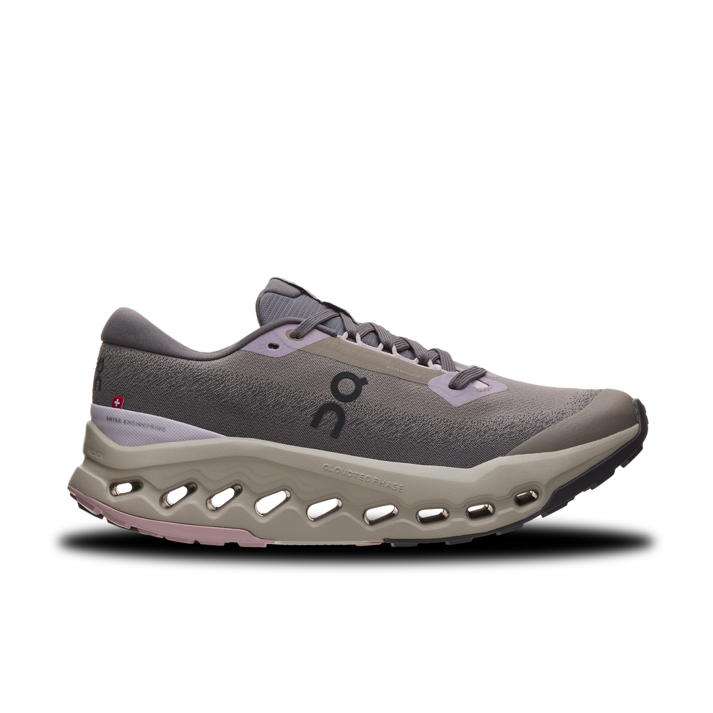 Women's On Cloudsurfer 2 WP. Grey upper. Tan midsole. Lateral view.