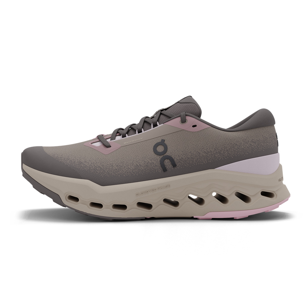 Women's On Cloudsurfer 2 WP. Grey upper. Tan midsole. Medial view.