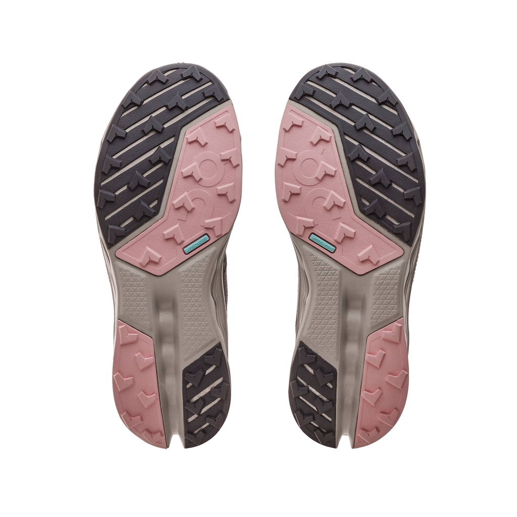 Women's On Cloudsurfer 2 WP. Grey upper. Tan midsole. Bottom view.