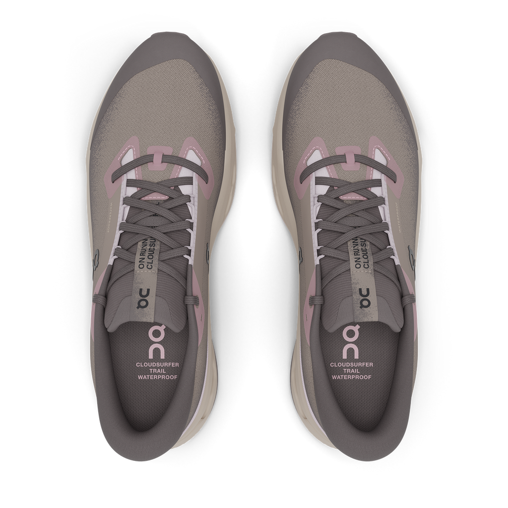 Women's On Cloudsurfer 2 WP. Grey upper. Tan midsole. Top view.