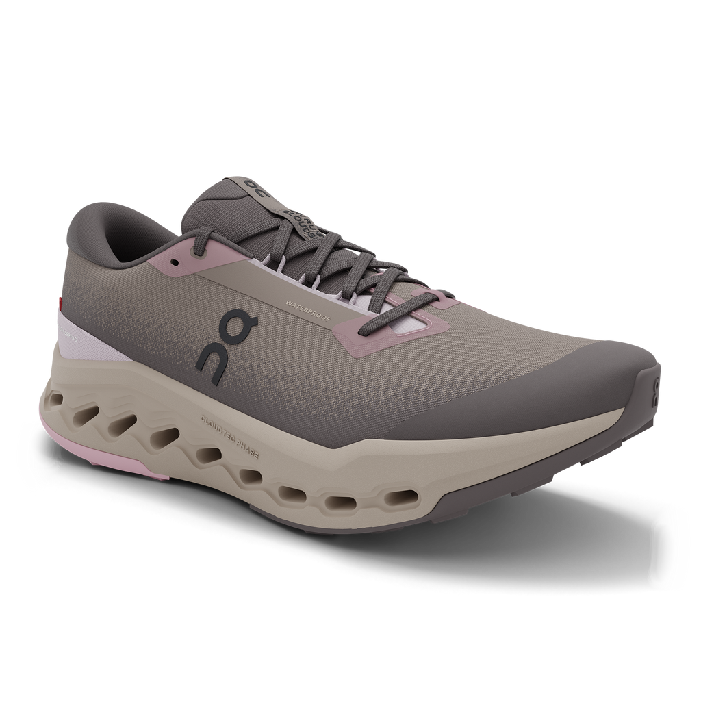 Women's On Cloudsurfer 2 WP. Grey upper. Tan midsole. Lateral view.