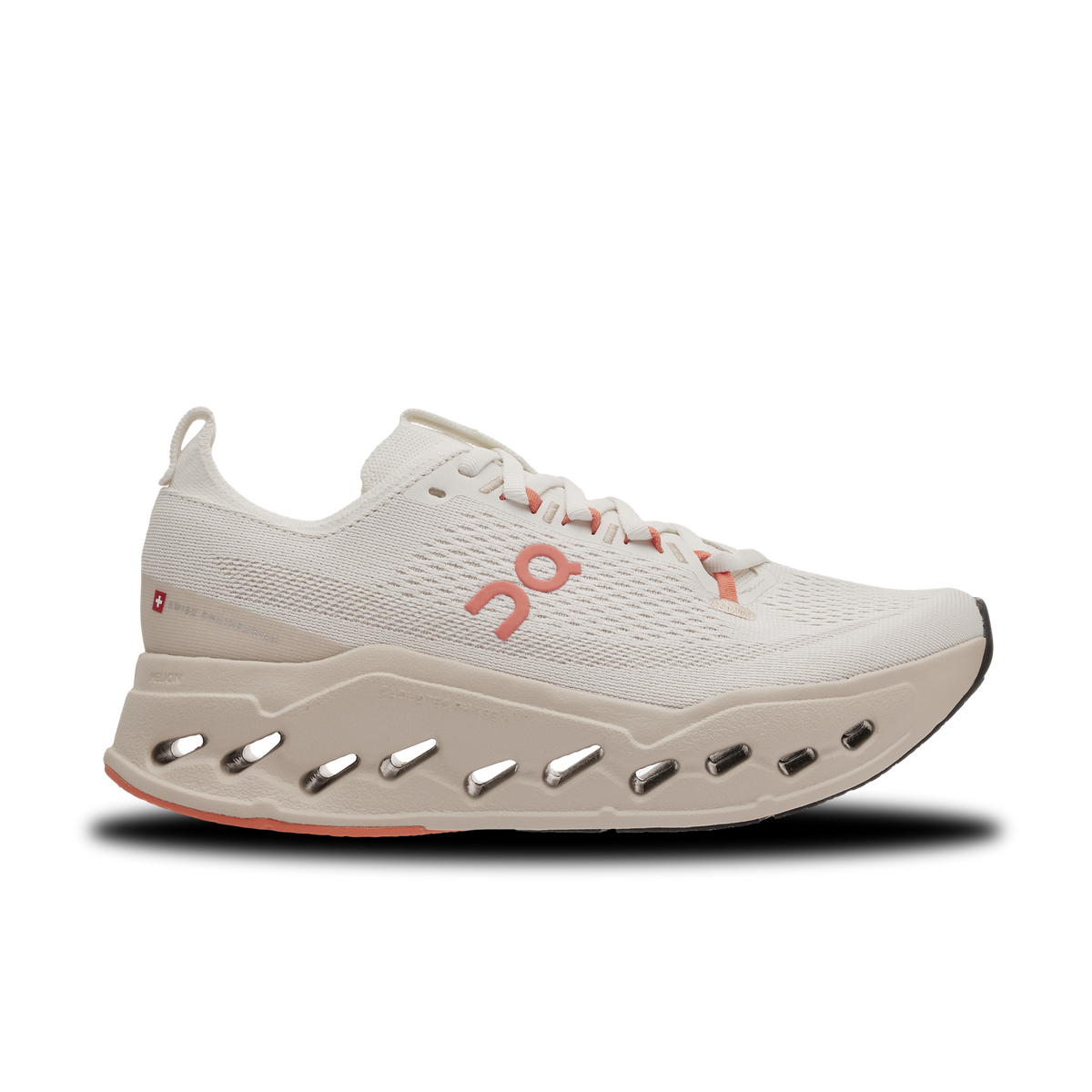 Women's On Cloudsurfer Max. White upper. White midsole. Lateral view.