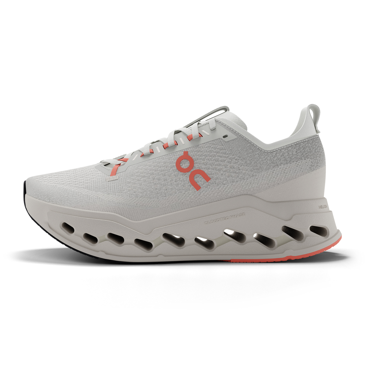 Women's On Cloudsurfer Max. White upper. White midsole. Medial view.