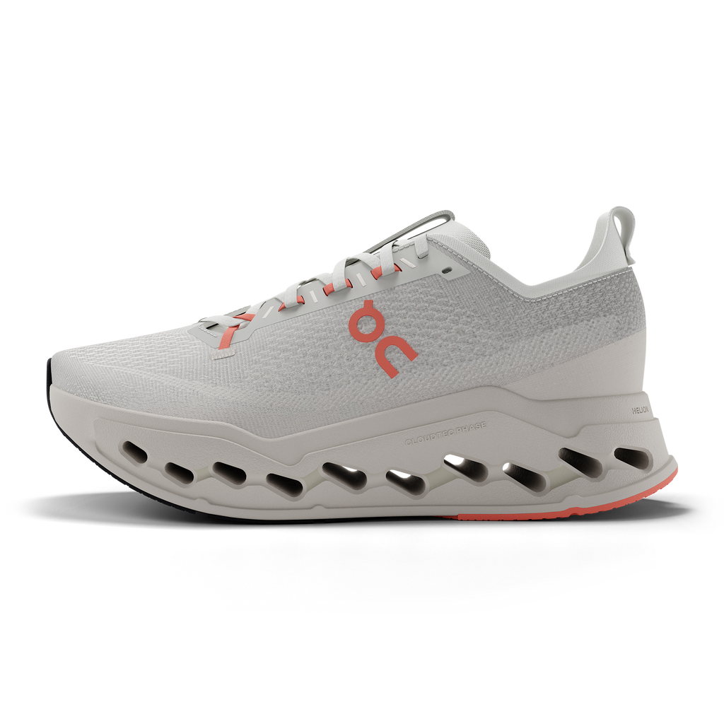Women's On Cloudsurfer Max. White upper. White midsole. Medial view.