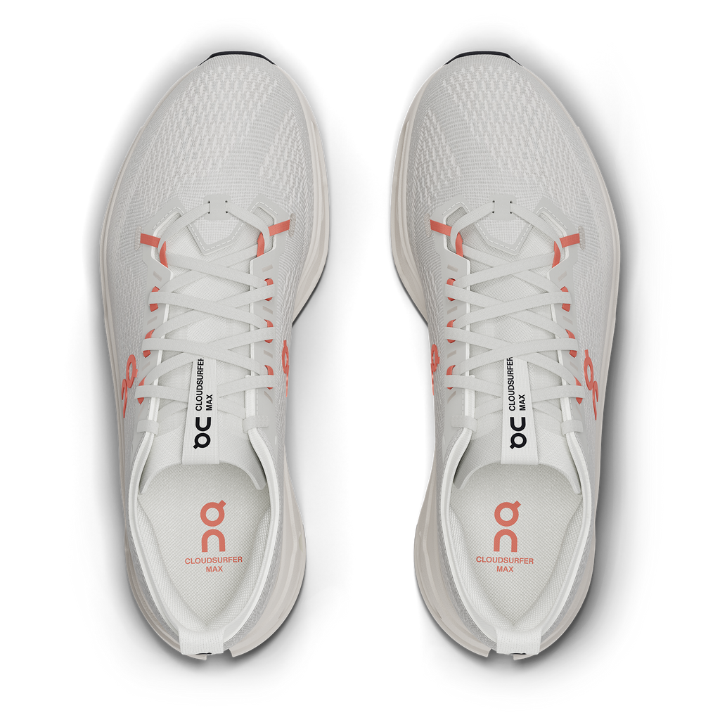 Women's On Cloudsurfer Max. White upper. White midsole. Top view.