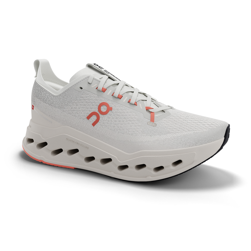 Women's On Cloudsurfer Max. White upper. White midsole. Lateral view.