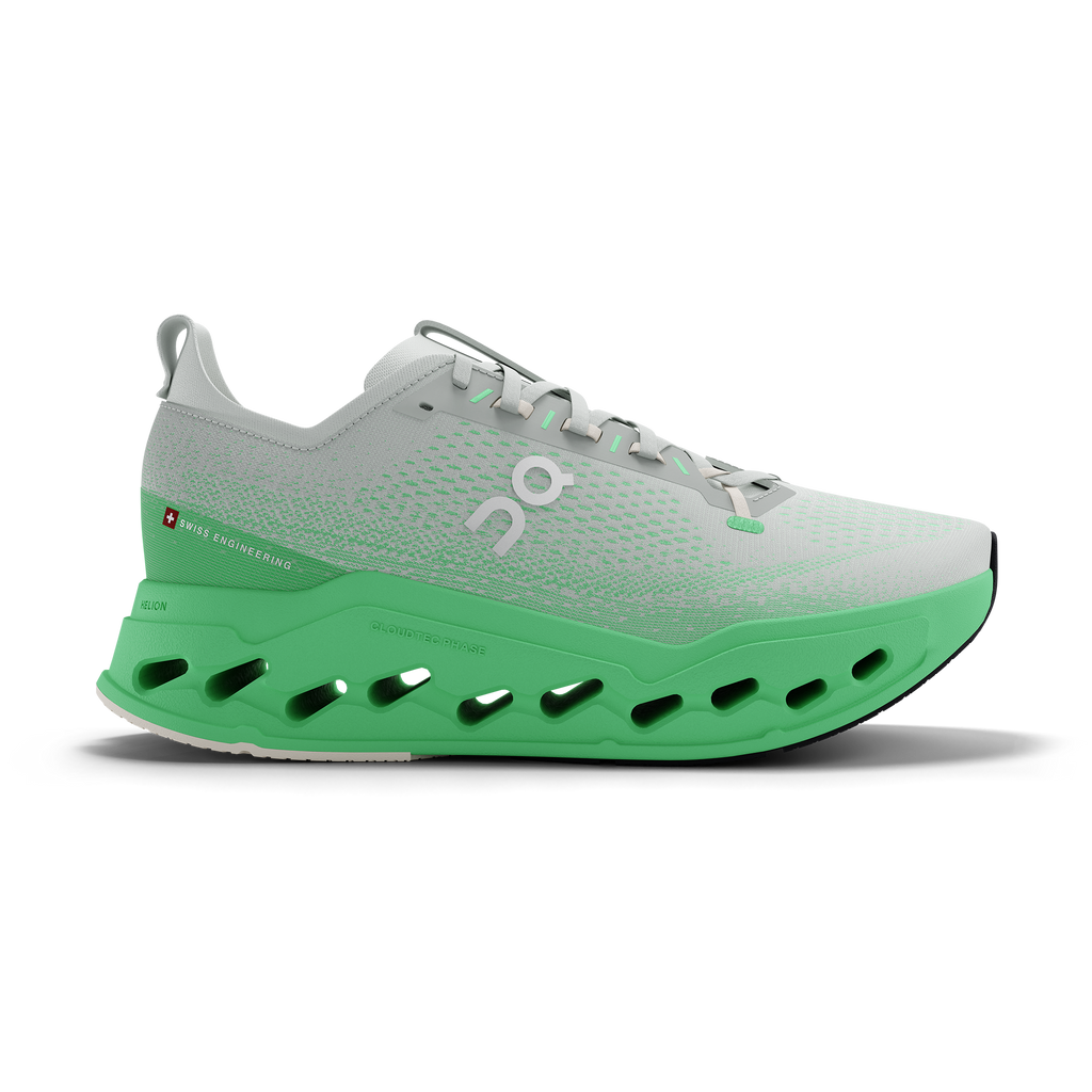 Women's On Cloudsurfer Max. White/Green upper. Green midsole. Lateral view.