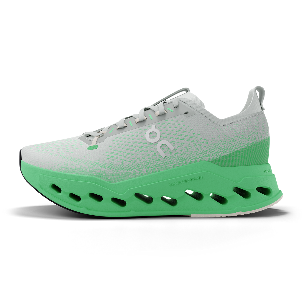 Women's On Cloudsurfer Max. White/Green upper. Green midsole. Medial view.