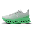 Women's On Cloudsurfer Max. White/Green upper. Green midsole. Medial view.