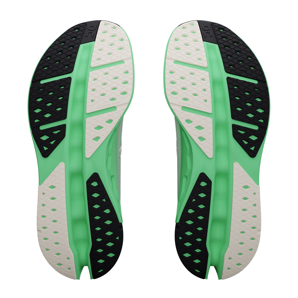 Women's On Cloudsurfer Max. White/Green upper. Green midsole. Bottom view.