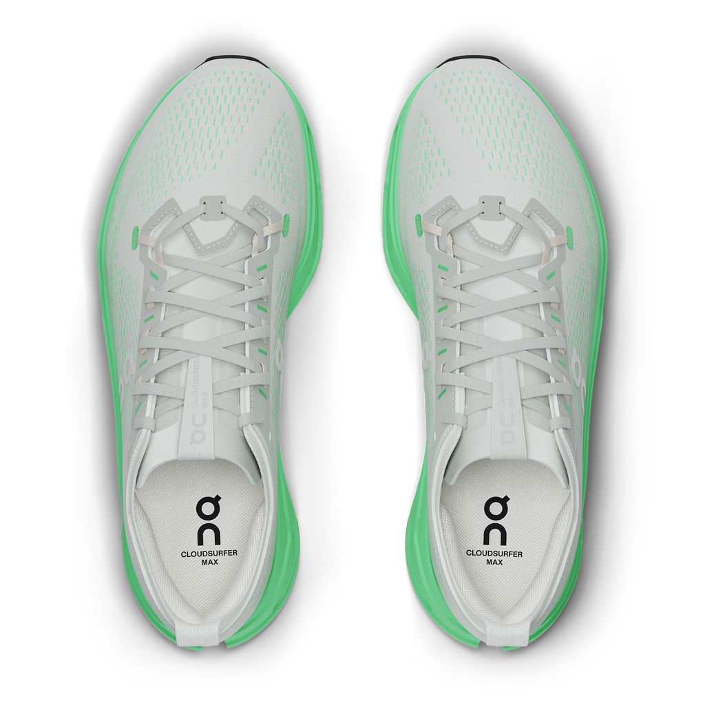 Women's On Cloudsurfer Max. White/Green upper. Green midsole. Top view.