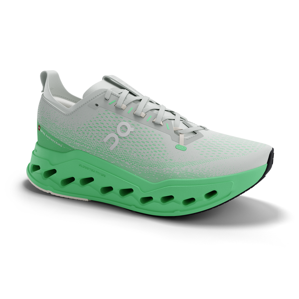 Women's On Cloudsurfer Max. White/Green upper. Green midsole. Lateral view.