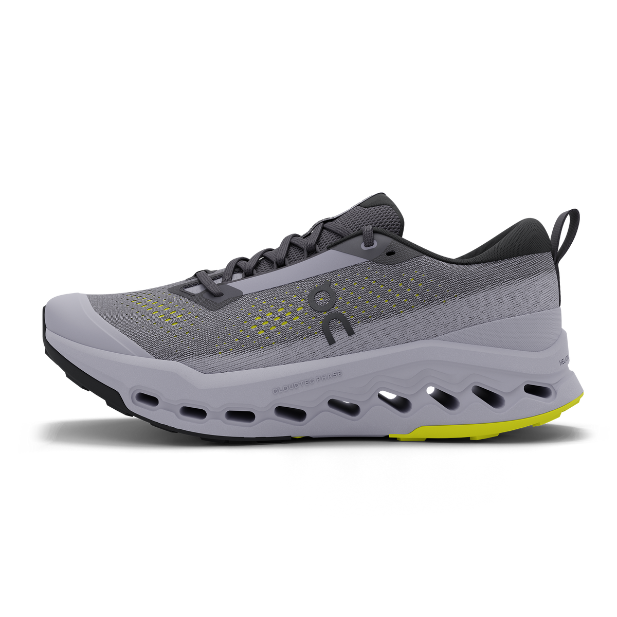 Women's On Cloudsurfer Trail 2. Purple/Grey upper. Purple midsole. Medial view.