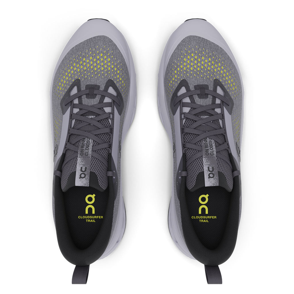 Women's On Cloudsurfer Trail 2. Purple/Grey upper. Purple midsole. Top view.