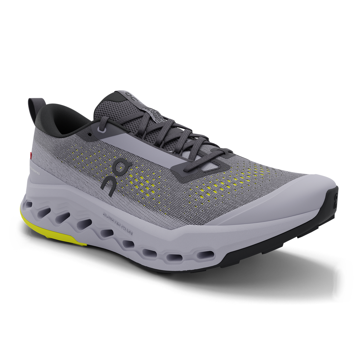 Women's On Cloudsurfer Trail 2. Purple/Grey upper. Purple midsole. Lateral view.