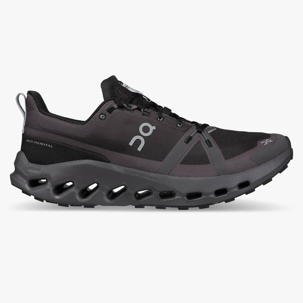 Women's On Running Cloudsurfer Trail WP. Black upper. Black midsole. Lateral view.