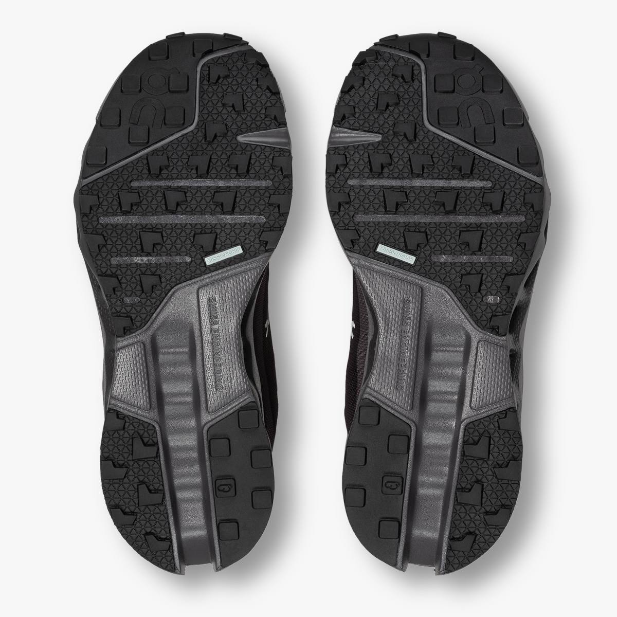 Women's On Running Cloudsurfer Trail WP. Black upper. Black midsole. Bottom view.