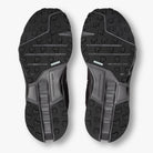 Women's On Running Cloudsurfer Trail WP. Black upper. Black midsole. Bottom view.