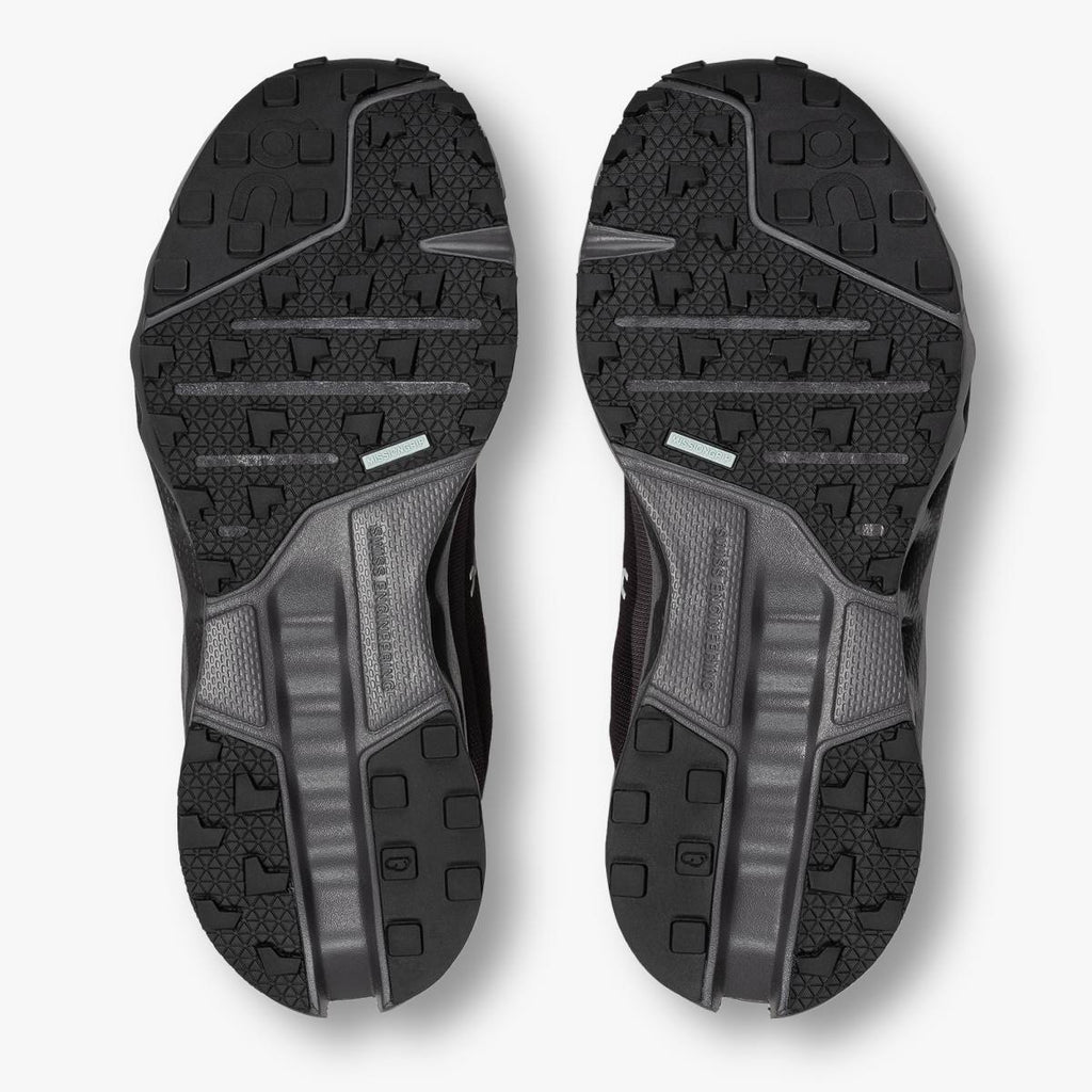 Women's On Running Cloudsurfer Trail WP. Black upper. Black midsole. Bottom view.