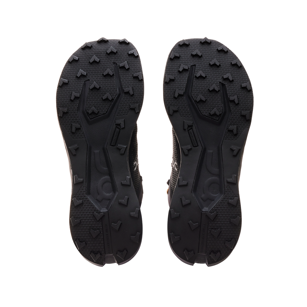 Women's On Cloudultra 3. Black upper. Black midsole. Bottom view.
