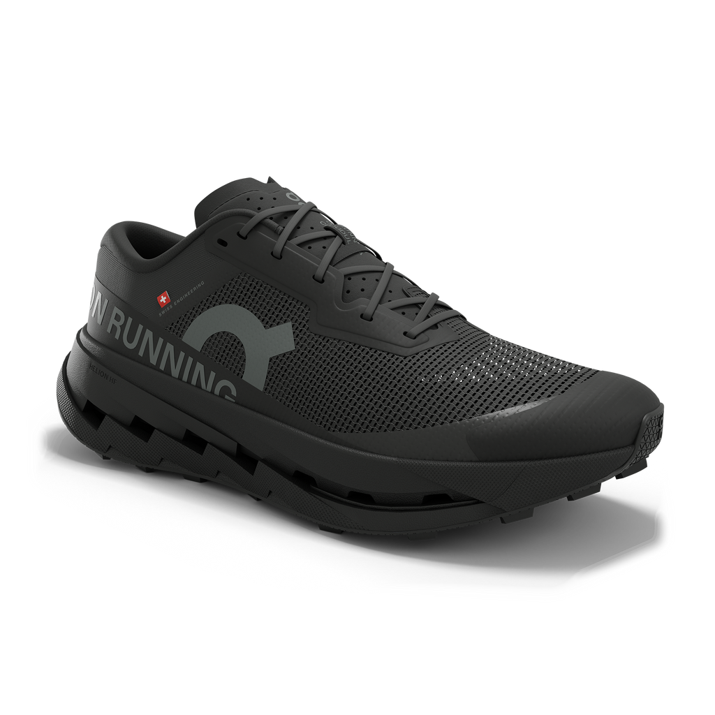 Women's On Cloudultra 3. Black upper. Black midsole. Lateral view.