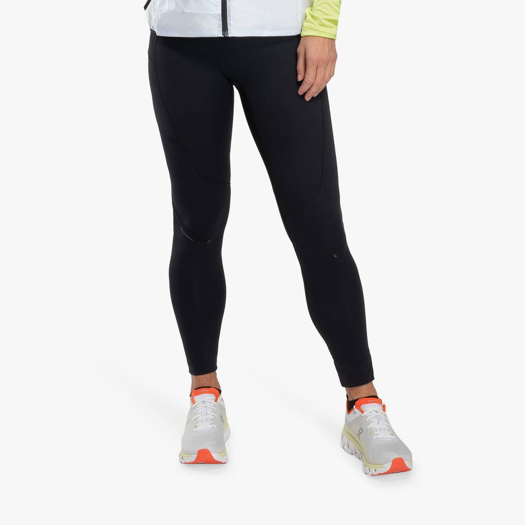 Women's On Running Performance Winter Tights. Black. Front view.