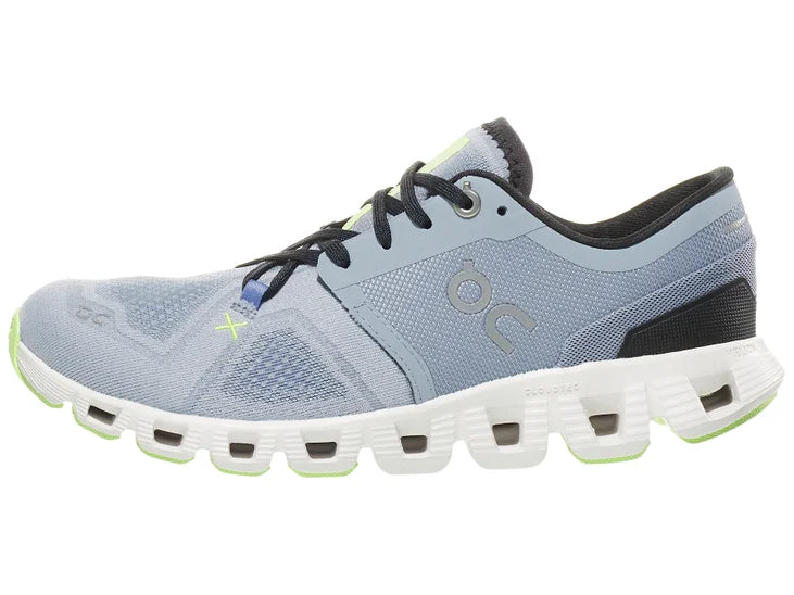 Women's On Cloud X3. Light Blue upper. White midsole. Lateral view.
