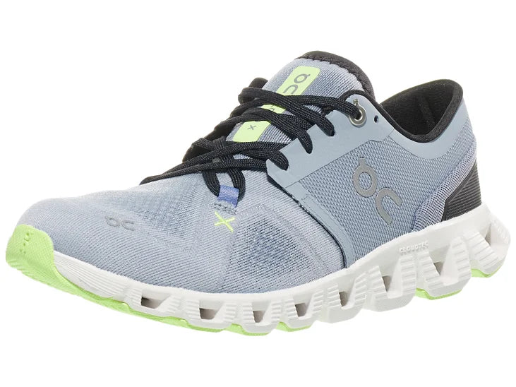 Women's On Cloud X3. Light Blue upper. White midsole. Lateral view.
