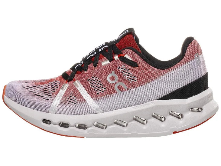 Women's On Running Cloudsurfer. White/red upper. White midsole. Lateral view.