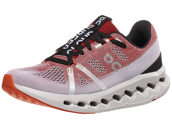 Women's On Running Cloudsurfer. White/red upper. White midsole. Lateral view.