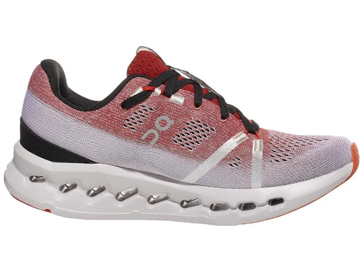 Women's On Running Cloudsurfer. White/red upper. White midsole. Medial view.